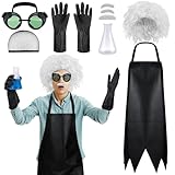 Jiuguva 8 Pcs Halloween Mad Adult Men Women Scientist Costume Accessory Kit Includes Black Apron, White Wig, Green Goggles, Fake Mustache & Beard, Gloves, and Cone Flask for Crazy Scientist Costume