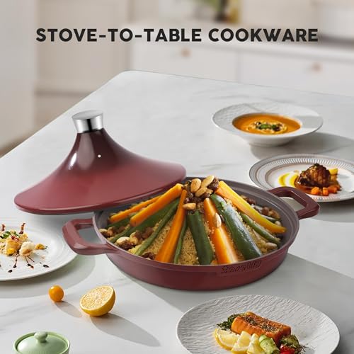 Image of Non-Stick Frying Pan /Skillet 11 inch, 3QT Tagine Pan,Cast Aluminum Pans with Lid, Stove /Oven-to-Table Cookware, Dishwasher Safe& Compatible with All Stovetops(Red)