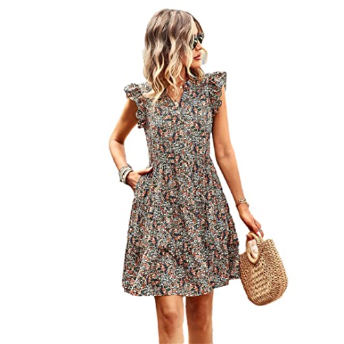 Robe courte de vacances sans manches à taille haute et motif floral noir élégant