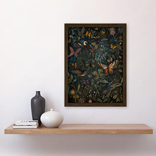 Artery8 William Morris Style Plants Birds and Butterflies Artwork Framed A3 Wall Art Print, Framed Brown A3, 45.5L x 33W cm - Image 2