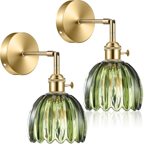 Image of Rossesay 2 Pcs Vintage Wall Sconce with Tulip Glass Shade 180 Degree Adjustable Hanging Brass Sconces Hardwired Modern Lamp Fixtures Decor for Bedside Indoor Doorway Including Light Bulb (Green)