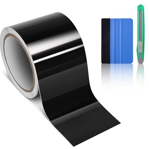 CompraFun Gloss Black Vinyl Wrap, Car Chrome Delete Vinyl Tape Roll Black Out for Window Trim Door Edge Guard Exterior & Interior, Air Release Adhesive Auto DIY Vinyl Wrap with Tool Kits (3in x 30ft)