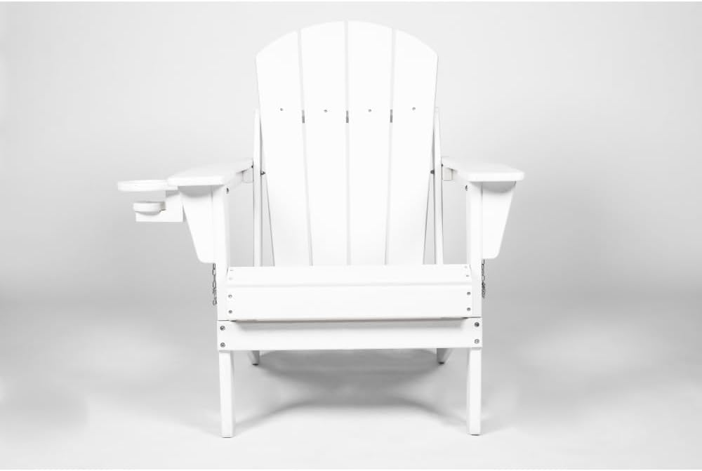 Folding Adirondack Chair with Side Table, 3-Piece Adirondack Chair Set, White (White + HDPE + American Design + Beach + Casual + Classic + Coastal-1)