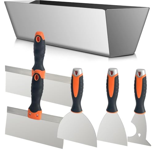 Socpuro Drywall Hand Tool Kit 5Pcs Stainless Steel Putty Knife Scrapers Taping Knife with Mud Pan for Drywall Repairing Paint Scraping and Wallpaper Removing (6pcs-O)