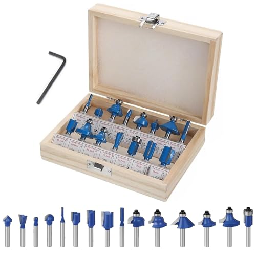 Losxuido 15 Stück Fräser für Oberfräse 6mm Schaft Oberfräse Fräser set Nutfräser Profilfräser Oberfräser Set mit Holzkoffer für Holzbearbeitung (6mm Blau)