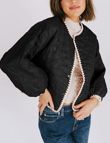 Women's Quilted Jacket Long Sleeve Cardigan Button Coat Fall Outerwear Short Lightweight Padded Coats Pockets (Black-M)3