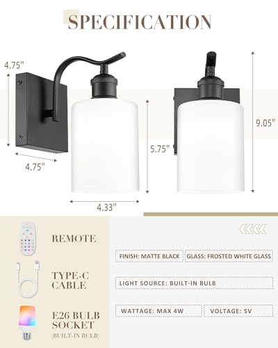 Image of 1-Light Bathroom Wall Sconce, Matte Black Modern Wall Light Fixture with Frosted Glass Shade RGB Bulb, RGB 12 Colors Modes Rechargeable Wall lamp for Bedroom Living Room, ZCVL01BK-1B