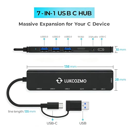Image of USB-C 7-in-1 Hub: 4 USB 3.0, USB-C, SD /TF, Audio, for MacBook, iPad, Dell, HP, Phones