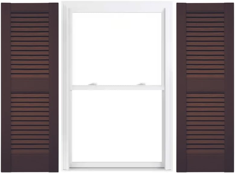 Duralok Vinyl Exterior Shutters | One Pair | Louvered 50/50 Split Straight Top Exterior Window Shutters | 9.25" x 31" | Federal Brown | Simple Installation + Hardware Included | Made in The US
