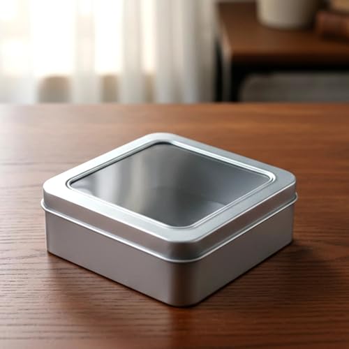 Image of 1Pc Metal Storage Tin Box with Transparent Window Lid | Square /Round Multipurpose Container for Cookies, Tea, Spices & Gift Packing | Medium Size | FREE Mobile Stand
