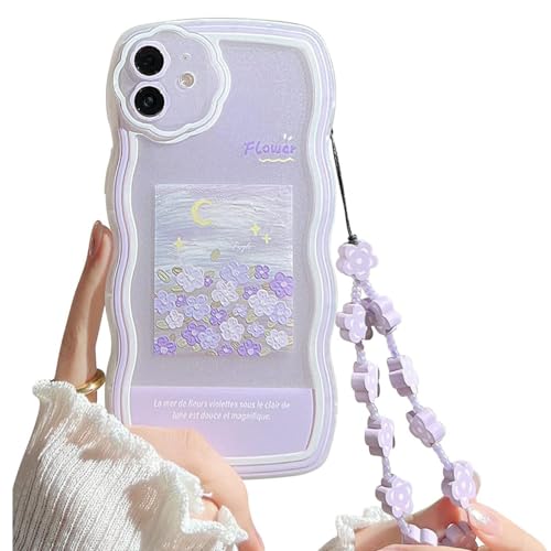 Bolivias Phone Case Easy to Clean Compatible with Phone 11 Cute Purple Flower Floral Pattern Design Aesthetic Women Teen Girls Lens Protection Case and Chain