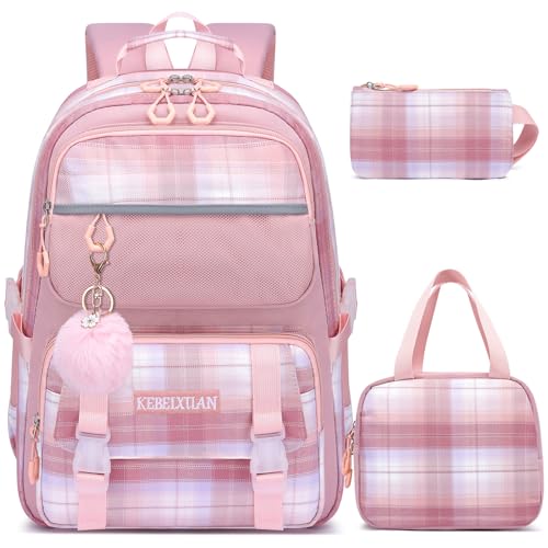 KEBEIXUAN Cute Backpack for School Girls, Multi-Pockets Kids Backpack Large Capacity Bookbag for Girls Age 6-12, School Bag+insulated Lunch Bag+pencil Case Pink, L