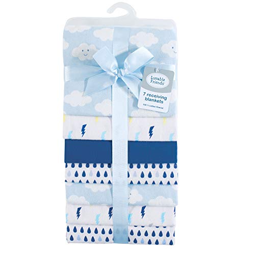 Image of Luvable Friends Unisex Baby Cotton Flannel Receiving Blankets, Boy Clouds 84-Pack, One Size