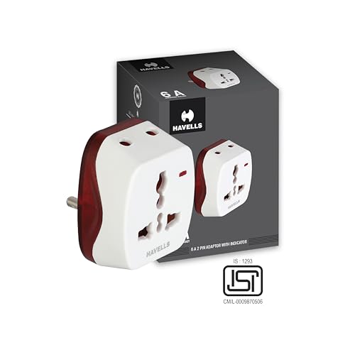 Image of Havells Heavy Duty Nickel Plated Brass Rated with 6A, 240 V AC 2 Pin Universal Adaptor LED Indicator, Flame Retardant and UV Stabilized for Safety Assurance from Catching Fire