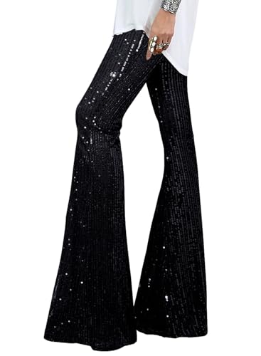 BLENCOT Women's Glitter Sequin Wide Leg Palazzo Pants High Waist Bell Bottoms Party Flared Trousers