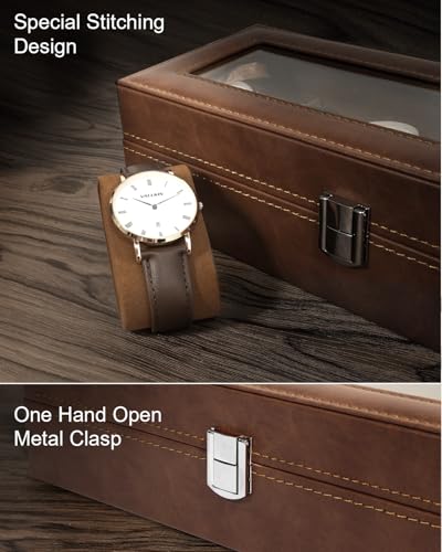 Image of Uten 6 Slots Watch Box, PU Leather Watch Case with Glass Lid, Watch Holder Organizer with Soft Pillow and Velvet Lining, Watch and Jewelry Storage Box, Brown