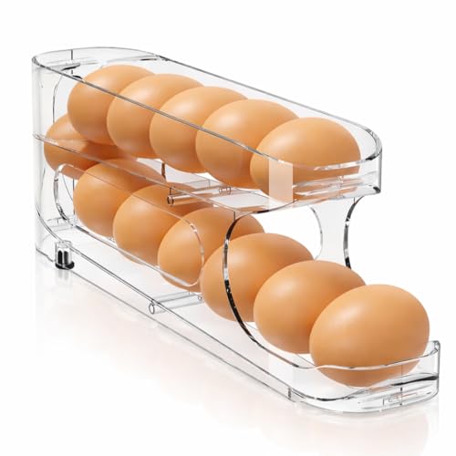 Sotfamily Egg Holder for Fridge, Auto Rolling Egg Storage Organizer for Refrigerator, Clear Space Saving Container, Disp - Detailed View