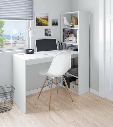 Dmora - Scrivania Denton, Scrittoio multifunzione reversibile con libreria 5 ripiani, Tavolo da studio o ufficio porta...