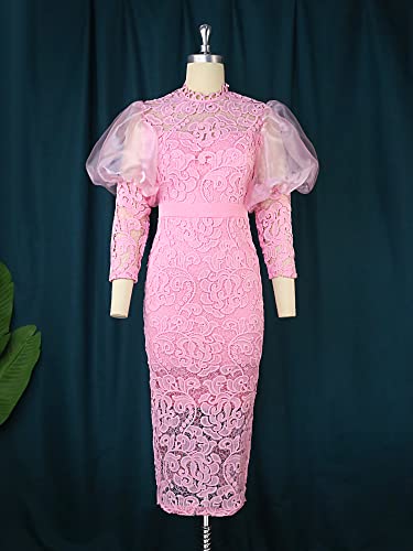 Image of ONTINVA Women's Floral Lace Long Sleeve Patchwork Mesh Slim Pencil Midi Dress