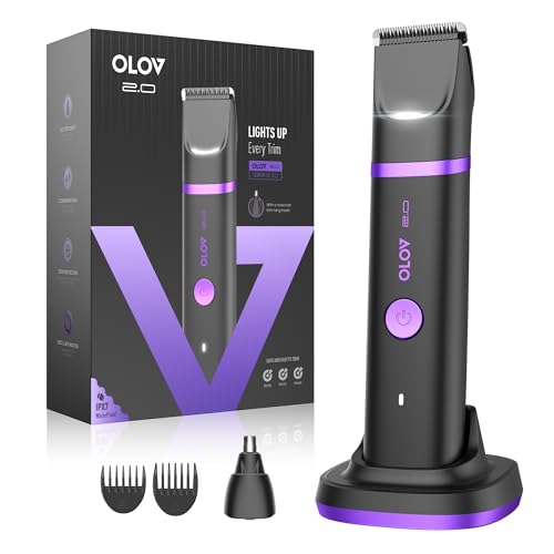 Groin & Body Hair Trimmer for Men - Electric Shaver for Pubic Hair, Chest, Legs - Ball Pubic Groomer, LED Light, Replaceable Ceramic Blade Heads, USB-C Recharge Dock, Waterproof Hygiene Razor, Purple
