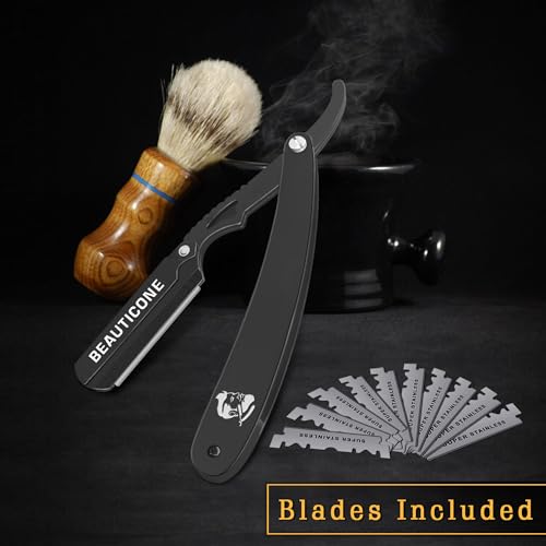 Image of BEAUTICONE Straight Razors for Men, Straight Edge Razor, Single Edge Replacement Blades, Stainless Steel, Barber Razor for Men's Shaving, Barber Shaving Knife (Premium All Black)
