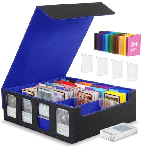 Image of MoKo Card Storage Box for Trading Cards, 3000+ MTG Deck Box with 24 Colorful Dividers & 4 Card Supporters, Commander Card Deck Case with Display Window, Fits for Magic Game Cards, YugiOh, Black Blue
