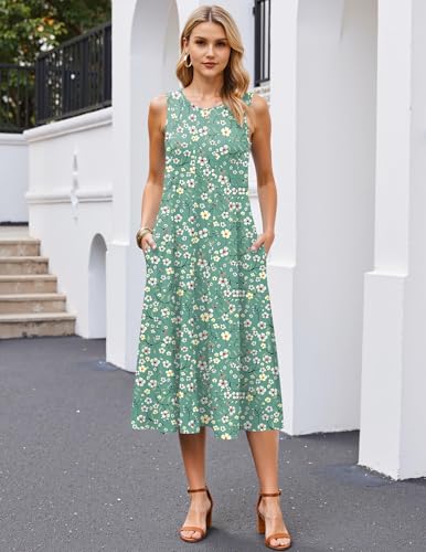 Image of HOTOUCH Summer Casual Dresses for Women Sleeveless Midi Dress Swing Tank Sundress Pleated Tshirt Dress with Pockets