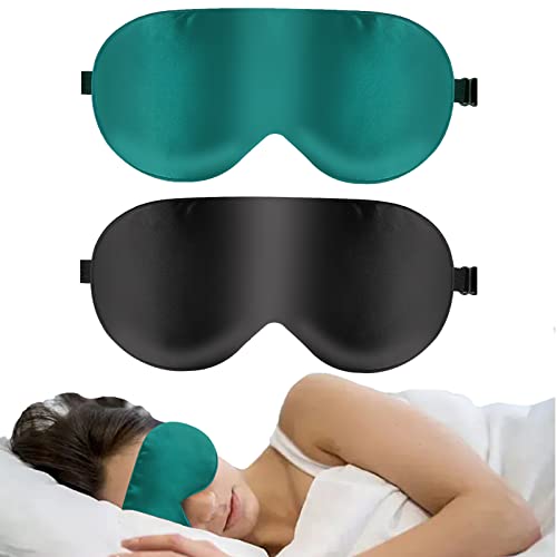 2 Pcs Masque de Sommeil en Soie, Masque pour Yeux Réglable, Masque de Nuit, Masque de Voyage pour Dormir, Cache Yeux pour Dormir Anti Lmière pour Homme, Femme, Enfant (Vert Militaire+Noir) Cover