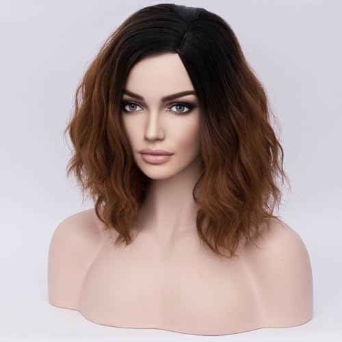 Image of BERON Brown Ombre Wigs for Women Short Curly Bob Wavy Wig Girls Black and Brown Body Wave Shoulder Length Cosplay or Daily Wigs