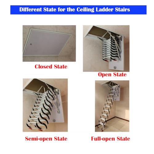 INTBUYING 47.5x27.5in Attic Ceiling Ladder, 12-Step Ceiling Telescoping Folding Ladder, Carbon Steel Attic Stairs 660LB Load, Max 9.8ft/3m Height Pull-Down Access Stairs, Black-White