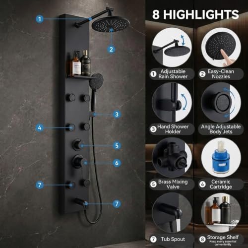 Image of Backline All In 1 Shower Panels for Bathroom 304 SS Hot & Cold Water Adjustable | 3 Function Handshower with Waterfall Shower /Tub Spout /Body Spray /Storage Rack (Black Matt)