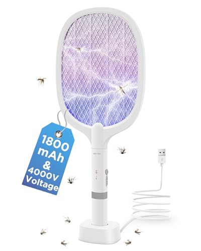 AOKKR Fly Swatter Electric, 1800mAh Rechargeable Bug Zapper Racket 4000V with Attractant LED Light, Handheld & Standing Insect Zapper Racket Fly Catcher for Indoor Outdoor Camping XXL Size