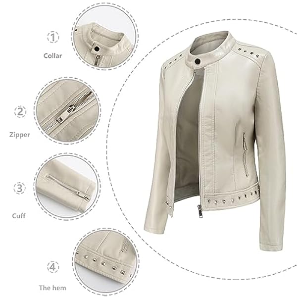 Adhdyuud Vrouwen Korte PU Lederen Jas Klinknagel Herfst Casual Lange Mouw Slanke Stand Kraag Jassen Jas