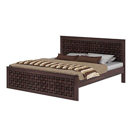 Image of WOODLAB Furniture Sheesham Wood Queen Size Bed Without Storage and with Headboard | Wooden Double Size Bed Cot Palang for Bedroom Living Room Wooden Double Cot Palang Bed (Walnut Finish)
