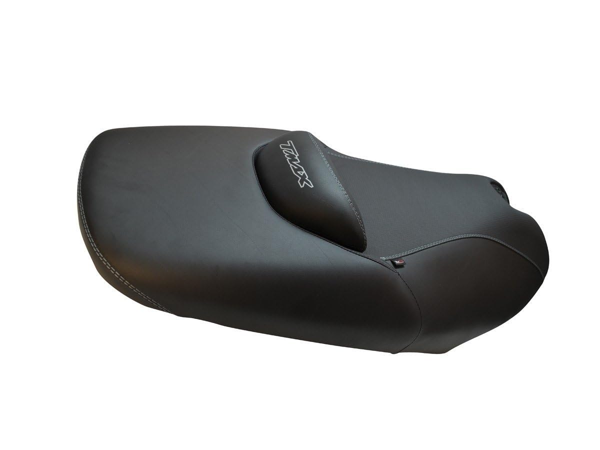 Funda de Asiento Compatible con Yamaha T-MAX 500 2001-2007 Color Negro con Costuras Grises y Logo Gris