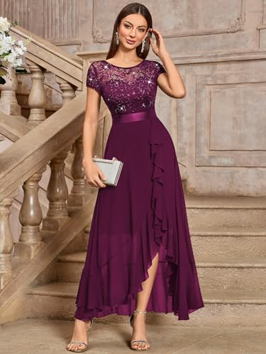 Image of Miusol Women's Scoop Neck Sequined Floral Lace Ruffle Wedding Party Dress | Sequin lace, scoop neck, cap sleeve, ruffle design dress for cocktail party, wedding and formal