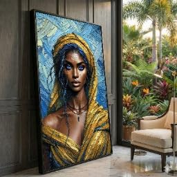 Toile portrait aux yeux bleus femme à capuche jaune style peinture à l'huile 60x105cm