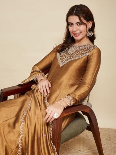Image of MOKOSH Women's Embroidered Silk Anarkali Kurta Pant with Dupatta | Anarkali Kurta Set | Embroidered |Occasion & Festive Traditional | 3 Piece Outfit