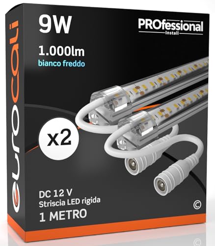 Eurocali Striscia LED 1 metro Rigida con profilo in alluminio copertura trasparente 9W 12V 1000 lumen Luce Fredda 6500K - Plug & Play - Pacco da 2