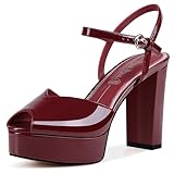 GPXGPX Platform Women Sandals Fish Mouth Open Toe Platform High Heels Ankle Strap Red Sandals Chunky Heel Wedding Party Dress Shoes 7