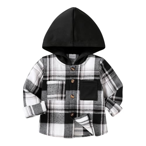 Image of YOUNGER STAR Toddler Kids Boys Girls Flannel Hooded Plaid Shirt Button Baby Red Clothes