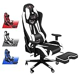 DualThunder Gaming Chair with Footrest, Gaming Chairs, Comfortable Office Chairs Ergonomic Computer Gamer Chair with Headrest and Lumbar Support, High Back Gaming Chairs for Teens Adults, White