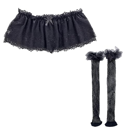 Sissy Clothes for Men Ruffled Lace Mini Skirt Panties Thong, Bowknot Stockings 2pc Men's Outfits Crossdressing