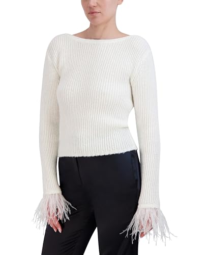 Image of BCBGMAXAZRIA Women's Boat Neck Long Sleeve Feather Cuff Sweater Top
