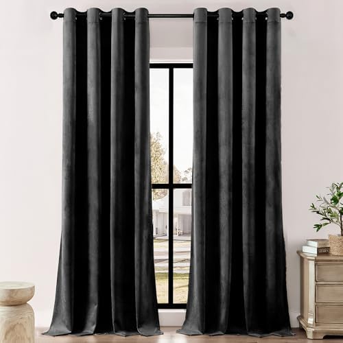 Timeper Black Velvet Curtains for Sliding Door - Thermal Insulated Energy Smart Window Drapes for Living Room/Loft/Hall, Black, W52 x L96, 2 Panels