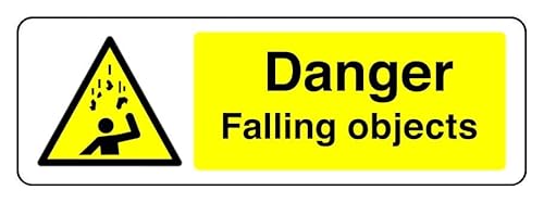 Danger Falling Objects - safety sign - High tack self-adhesive sticker (150mm x 50mm) Viewing Distance within 3m.