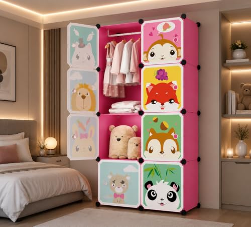 Image of EXVITO 8 Door Kids Plastic Wardrobe for Clothes, Foldable Plastic Almirah for Clothes, Collapsible Wardrobe for Storage, Baby Cupboard for Clothes, Storage Rack for Kids - MT-Pink