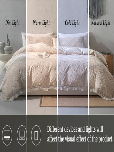 QWINEE Conjunto de capa de edredom bege com franjas, tamanho King Queen, macio, estilo boêmio, com f