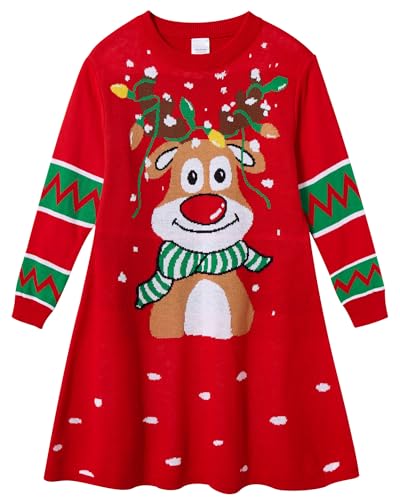 Fanient Weihnachts Strickkleid für Mädchen Rentier Rot Pullover Kleid Mädchen X-Mas Partykleid Weihnachtskleid 10-11 Jahre,XXL