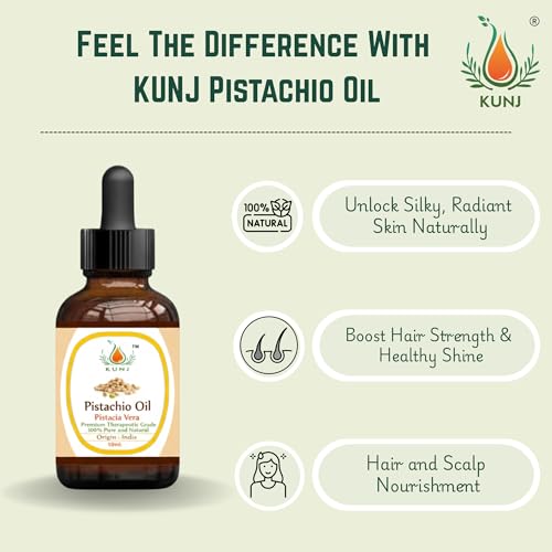 Image of KUNJ Pistachio Oil (Pistacia vera) 10ML - 100% Pure & Natural, Cold Pressed - Therapeutic Grade Oil for Skin Nourishment, Hair Care & Moisturizing